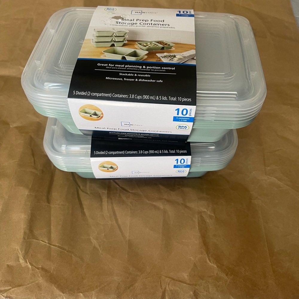Mainstays 2pk 10 Piece 2 Compartment Meal Prep Storage Containers, Green NWT